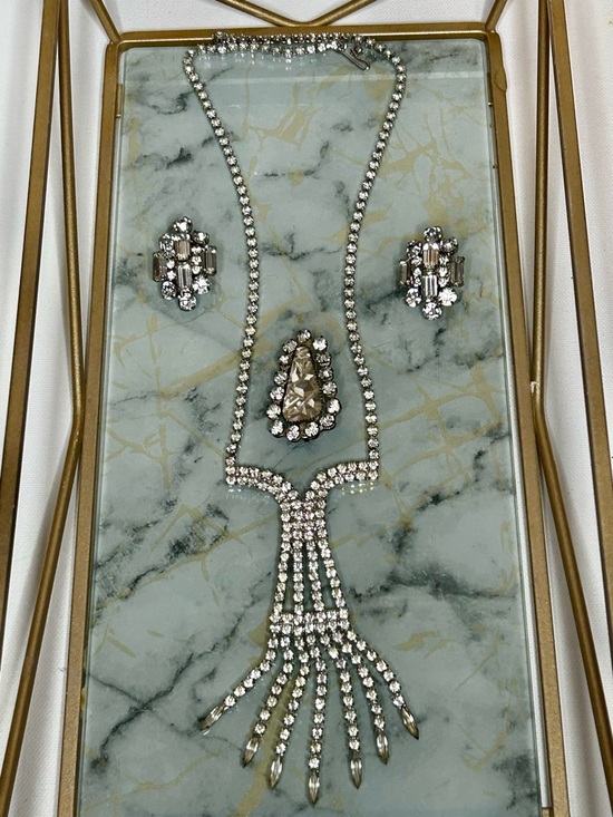 Unique Vintage Jewelry - Vintage Rhinestone Jewelry Set Necklace Brooch Earrings Bridal Prom Formal